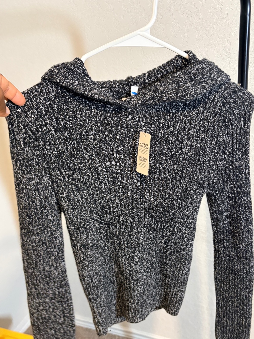 aerie Marled Black and Gray Hooded Knit Sweater